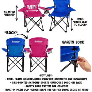 Puede incluir: Sillas plegables para exteriores rosas y azules con estructura de acero, portavasos de malla y cierre de seguridad. Las sillas miden 68 cm de alto, 39 cm de ancho y 30 cm desde el asiento hasta el suelo. Incluye una bolsa de transporte de poli&eacute;ster a juego.