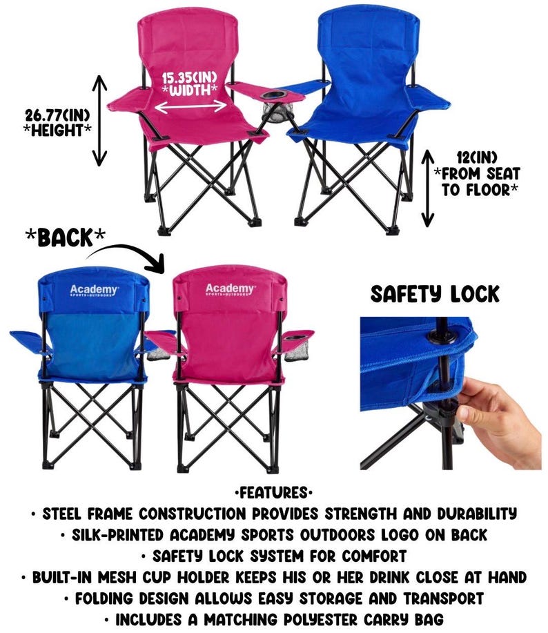Puede incluir: Sillas plegables para exteriores rosas y azules con estructura de acero, portavasos de malla y cierre de seguridad. Las sillas miden 68 cm de alto, 39 cm de ancho y 30 cm desde el asiento hasta el suelo. Incluye una bolsa de transporte de poli&eacute;ster a juego.