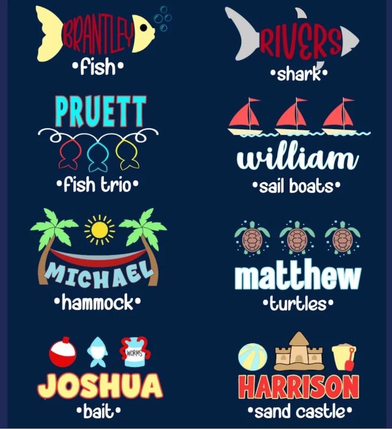 Puede incluir: Gr&aacute;fico azul marino con ilustraciones de tem&aacute;tica playera y nombres. Incluye un pez con "Brantley", un tibur&oacute;n con "Rivers", un tr&iacute;o de peces con "Pruett", veleros con "William", una hamaca con "Michael", tortugas con "Matthew", cebo con "Joshua".