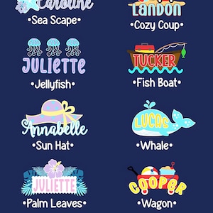 Puede incluir: Gr&aacute;fico azul marino con el texto "NEW DESIGNS" en la parte superior. Debajo, varios dise&ntilde;os de nombres, cada uno emparejado con un gr&aacute;fico relacionado. Ejemplos incluyen "Caroline" con un paisaje marino y "Landon" con un "Cozy Coup".