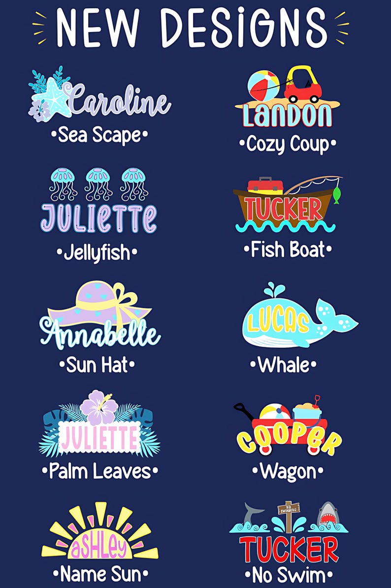 Puede incluir: Gr&aacute;fico azul marino con el texto "NEW DESIGNS" en la parte superior. Debajo, varios dise&ntilde;os de nombres, cada uno emparejado con un gr&aacute;fico relacionado. Ejemplos incluyen "Caroline" con un paisaje marino y "Landon" con un "Cozy Coup".