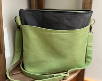 Hillside Tote | Crossbody Bag | Project Bag | Canvas Tote | Green with stripe lining