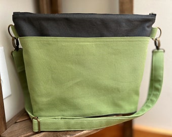 Hillside Tote | Crossbody Bag | Project Bag | Canvas Tote | Green with solid lining