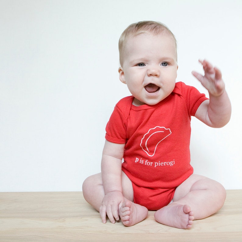 P is for Pierogi Baby One piece Bodysuit Red or Charcoal Gray Poland, Polish, Pittsburgh image 2