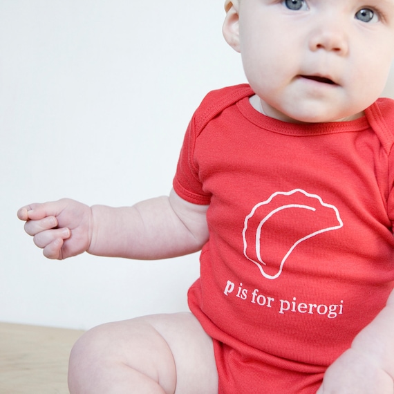 P is for Pierogi Baby One Piece Bodysuit red or Charcoal Gray Poland, Polish,  Pittsburgh 