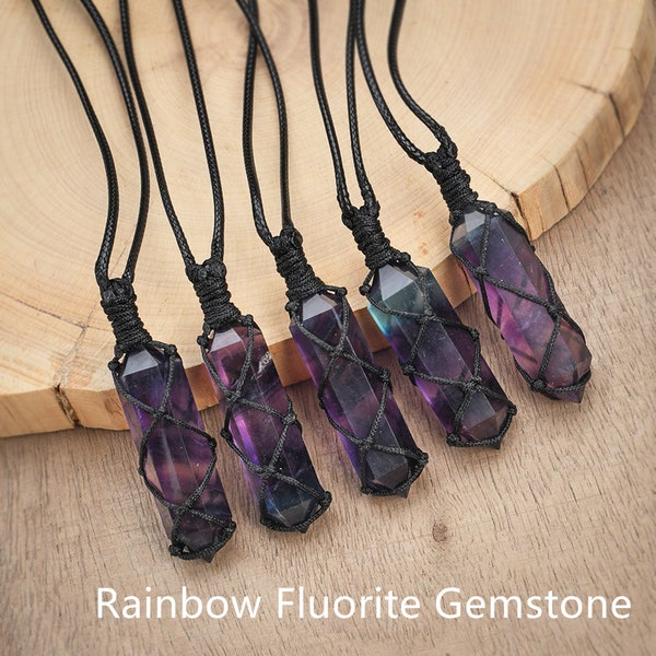Natural Stone Wrapped Pendant Necklace, Handmade Necklace For Gift, Rainbow Fluorite Necklace, Healing Crystal Gift, Mother's Day Gift