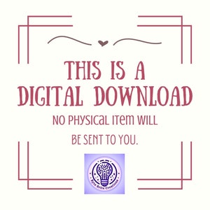 Pode incluir: Um gr&aacute;fico rosa e branco com um cora&ccedil;&atilde;o e o texto "THIS IS A DIGITAL DOWNLOAD NO PHYSICAL ITEM WILL BE SENT TO YOU." Um logotipo roxo com uma l&acirc;mpada e o texto "Byte Brite Creations" est&aacute; na parte inferior central.
