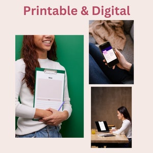 Pode incluir: Uma mulher segura uma prancheta com a palavra "Ideias" escrita nela. A prancheta tem um espa&ccedil;o em branco para escrever. Uma mulher usa um smartphone para acessar um planejador digital. Uma mulher trabalha em um laptop em uma mesa.