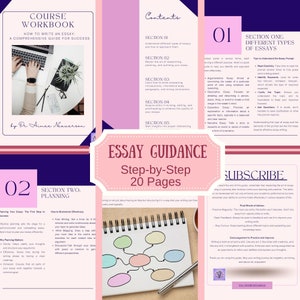 Pode incluir: Um guia ilustrado em rosa e azul com o t&iacute;tulo "Essay Guidance: Step-by-Step 20 Pages". O guia oferece dicas sobre como escrever diferentes tipos de ensaios, incluindo planejamento, brainstorming e edi&ccedil;&atilde;o.
