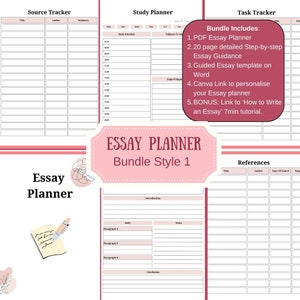 Pode incluir: Conjunto de planejador de ensaios imprim&iacute;vel rosa e branco com um design floral rosa e branco. O pacote inclui um planejador de ensaios PDF, um guia passo a passo para escrever ensaios, um modelo de ensaio guiado, um link do Canva para personalizar seu planejador de ensaios e um link para um tutorial de 7 minutos sobre como escrever um ensaio.