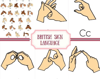 May include: A chart showing the British Sign Language alphabet. The chart shows the hand signs for each letter, with the letter name below each sign. The chart is titled "The BSL Alphabet".