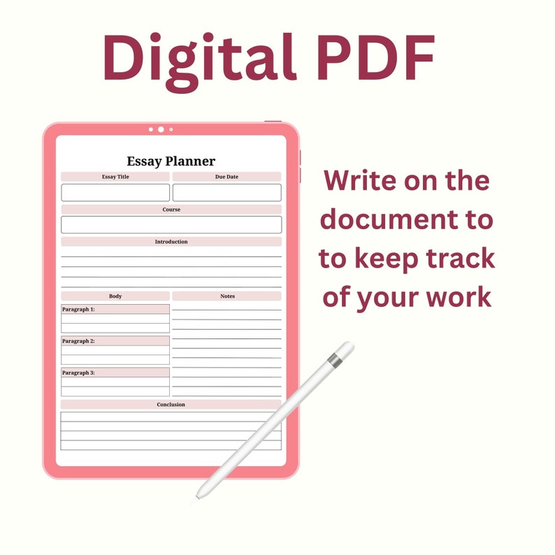 Pode incluir: Um planejador digital rosa com o texto "Essay Planner" no topo. O planejador &eacute; dividido em se&ccedil;&otilde;es para o t&iacute;tulo do ensaio, o curso, a data de entrega, a introdu&ccedil;&atilde;o, o corpo, as notas e a conclus&atilde;o. Uma caneta branca &eacute; mostrada ao lado do planejador.