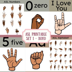 Neutrales Boho ASL-Alphabet und Zahlen-Poster-Set – amerikanische Gebärdensprache, pädagogische Wandkunst, inklusives Lerndekor, druckbar