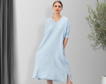 Robe tunique en coton à col en V avec poches | Robe tunique en coton à manches courtes, coupe décontractée, cadeau de fête des mères pour elle, cadeau pour maman_17