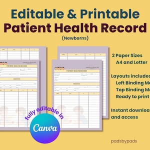 Op de afbeelding: Bewerkbare en afdrukbare patiëntenkaart voor pasgeborenen. De sjabloon is beschikbaar in twee papierformaten: A4 en Letter. Het bevat lay-outs voor linker- en bovenste bindmarges en is klaar om te printen. De sjabloon is volledig bewerkbaar in Canva en kan direct worden gedownload.