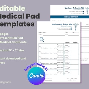 Editable Prescription Pad | Editable Medical Certificate | Rx Prescription Template | Canva Template | Printable Prescription Pad