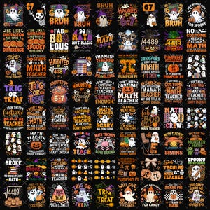 May include: A collection of graphic designs featuring Halloween-themed illustrations of ghosts, pumpkins, skeletons, and maths-related text such as 'Math Teacher', '6-7', '4489', 'Trig or Treat', and 'Spooky' arranged in a grid on a black background.