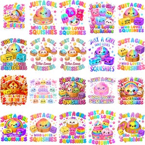 以下が含まれることがあります： 竹製の蒸し器に入ったキュートな虹色のスクイーズキャラクターを描いた20種類のカラフルなデジタルイラスト集。Just A Girl Who Loves Squishiesというテキストが添えられ、星、ハート、様々なスイーツで囲まれています。