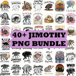 May include: A digital collection of over 40 raccoon illustrations featuring the name Jimothy, various slogans like It's OK to be Weird, and diverse artistic styles including vintage, colorful, and sketch-like designs for graphic projects.