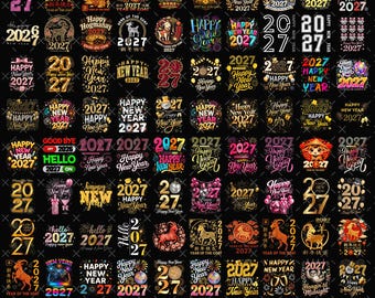 Happy New Year 2027 PNG Bundle, Glitter Disco Ball Pink Coquette Bow Fireworks Balloons Shirt Design, Preppy New Years Sublimation Designs