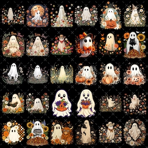 May include: A digital collection of thirty distinct illustrations featuring white ghosts in various settings, including ghosts surrounded by colorful autumn flowers, pumpkins, sunflowers, books, a black cat, and a highland cow, all set against a black background.