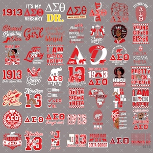 May include: A collection of red and white Delta Sigma Theta sorority graphics on a gray background. The designs include the sorority's Greek letters, the number 1913, elephants, and phrases like "Black History" and "Juneteenth".