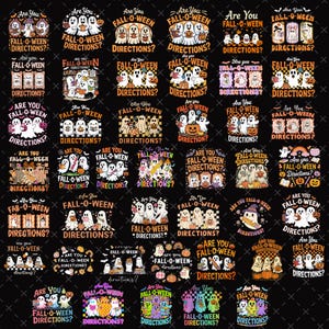 May include: A collection of forty-two graphic designs featuring white ghosts, pumpkins, and autumn-themed elements. Each design includes the text Are You FALL-O-WEEN DIRECTIONS? in various fonts and colors, set against a solid black background.