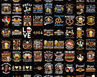 May include: A collection of graphic designs featuring Oktoberfest themes, including beer mugs, pretzels, sausages, and German-inspired text like Prost, Oktoberfest, and Wurst Behavior, arranged in a grid pattern on a solid black background.