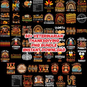 Puede incluir: Una colección digital de más de 50 diseños gráficos con temática de Acción de Gracias que incluyen pavos, calabazas y motivos otoñales con textos como Veterinarian y Thankful, sobre un fondo negro con texto rojo superpuesto.