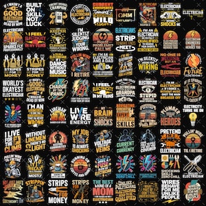 Könnte beinhalten: Eine Sammlung von Grafikdesigns mit Slogans und Illustrationen zum Thema Elektriker, darunter Texte wie 'I'm a good electrician', 'Live wire energy' und 'Shocking skills zero chill' auf einem schwarzen Hintergrund mit Werkzeugen.