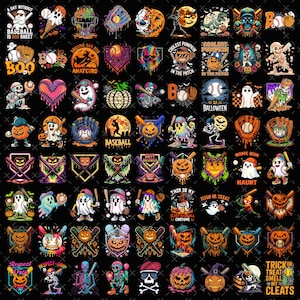 Könnte beinhalten: Eine Sammlung digitaler Illustrationen mit Halloween- und Baseball-Motiven, darunter Geister, Skelette, Kürbisse, Basebälle, Schläger und Handschuhe, mit verschiedenen bunten Designs und Texten wie A DAY WITHOUT BASEBALL IS BOO SHEET.