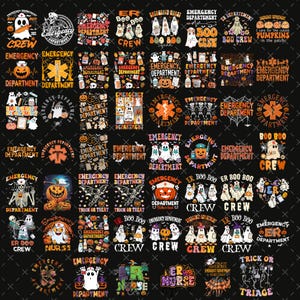 May include: A collection of graphic designs featuring Halloween-themed illustrations of ghosts, skeletons, pumpkins, and medical symbols. The text includes phrases like Emergency Department, ER Boo Crew, and Trick or Triage in various fonts and colors.