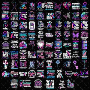 May include: A digital collection of thyroid cancer awareness designs on a black background, featuring teal, pink, and purple ribbons, butterflies, sunflowers, and inspirational text such as 'Thyroid Cancer Warrior' and 'Support Squad'.