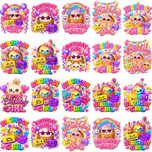 Può includere: Una collezione di venti adesivi digitali colorati raffiguranti ravioli dei cartoni animati in cestini di bambù, panetti di burro salato con faccine, cubi viola, arcobaleni, palloncini e la scritta Birthday Girl in vari caratteri vivaci.