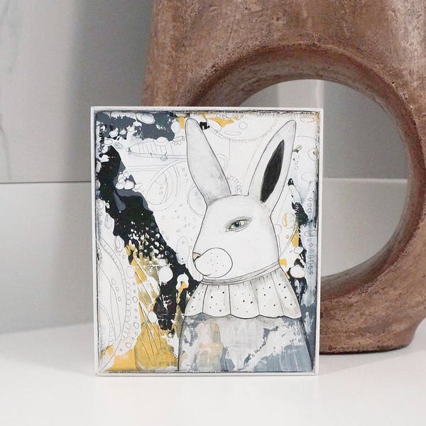 Whimsical Bunny Art - Original Mixed Media Collage Art , Small Acrylic Bunny Painting , Art for Kids