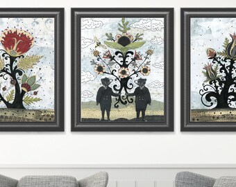 3 Piece Wall Art - Black Bear Art , Folk Art Flower Prints , Printable Artwork , Set of Three Prints for the Whimisical Woodland Nursery