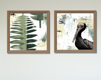 Pelican Printable Art Set - 3 Piece Wall Art for the Bathroom , Printable Green Art Print , Digital Download Beach Art Set