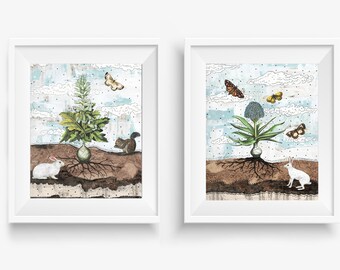 Rabbit and Floral Prints Set – Whimsical Woodland Wall Art (Digital Download)