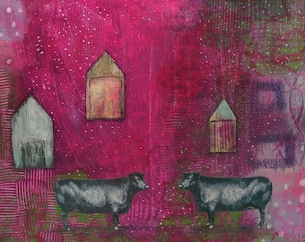 Large Abstract Cow Painting on Canvas, Whimsical Mixed Media Collage Farmhouse Painting