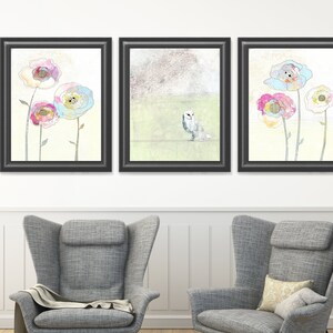 Barn Owl Art Prints Set of Three Prints, Printable Art Set, Whimsical Woodland Animal Prints, Large Nature Wall Art in a Variety of Sizes image 1