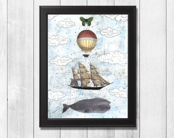 Whale Print - Printable Artwork , Digital Art , Whale and Balloon Wall Art , Whale Art Decor for the Nautical Themed Nursery or Home