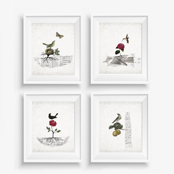 Set of Four Prints - Blackbird and Hummingbird Prints , Printable Artwork , Minimalist Bird Art Set, Above the Bed Wall Art