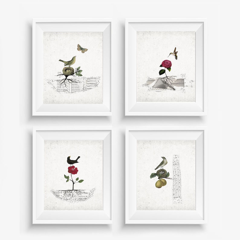May include: Four framed art prints featuring vintage-style illustrations of birds, nests, and flowers. Each print has a white frame and a neutral background with musical notes. The artwork includes a butterfly, hummingbird, and rose.