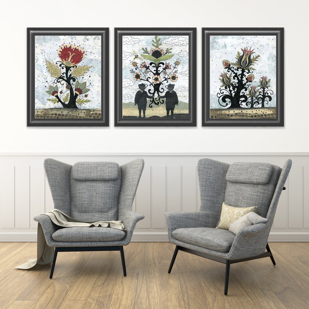 3 Piece Wall Art Black Bear Art , Folk Art Flower Prints , Printable