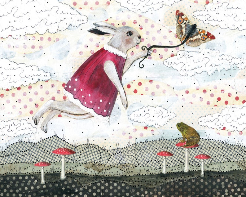 Printable Whimsical Bunny Art Rabbit Wall Art for Kids , Downloadable Print , Pink Woodland Art image 1