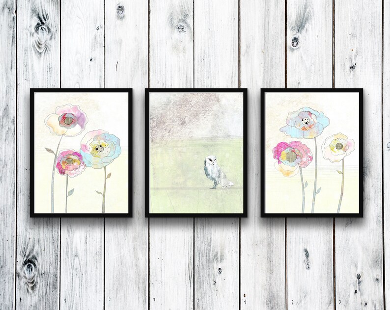 Barn Owl Art Prints Set of Three Prints, Printable Art Set, Whimsical Woodland Animal Prints, Large Nature Wall Art in a Variety of Sizes image 2