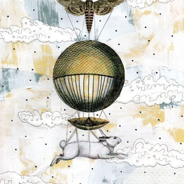 Clearance! Balloon Art Print , Mixed Media Collage Art Reproduction , Whimsical Art , 5x7. Print 6507