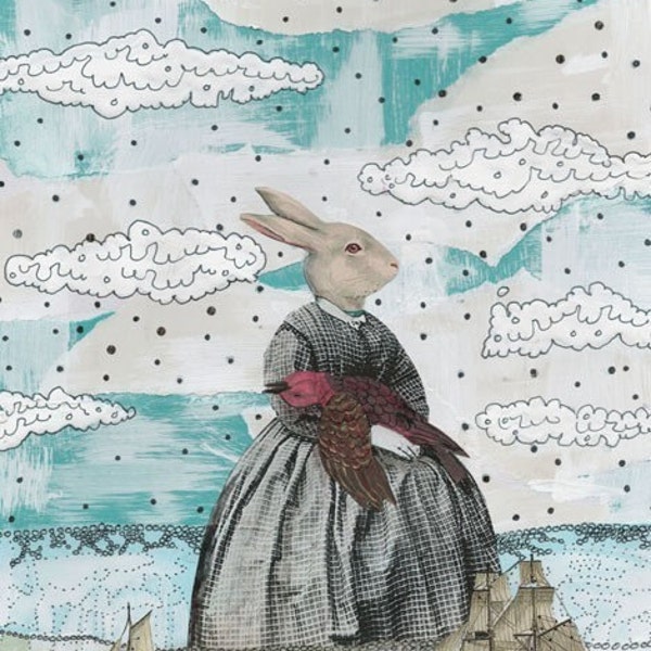Clearance! Surreal Art Print Mixed Media Collage Painting , Whimsical Painting Reproduction , 5x7 . Print 1107