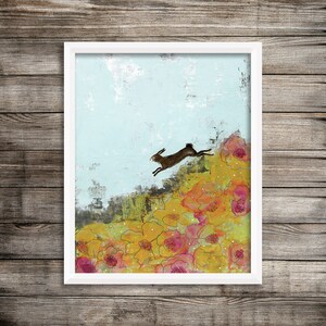 Rabbit Wall Art Botanical Print, Printable Artwork, Bunny and Landscape Painting Art Print for Your Woodland Nursery Decor image 1