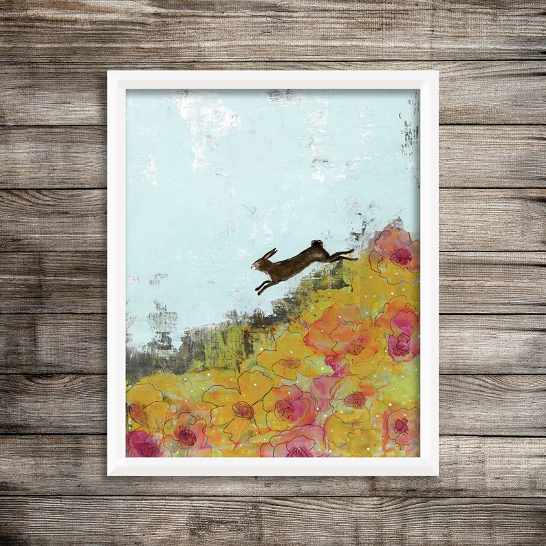 Rabbit Wall Art Botanical Print, Printable Artwork, Bunny and Landscape Painting Art Print for Your Woodland Nursery Decor image 1